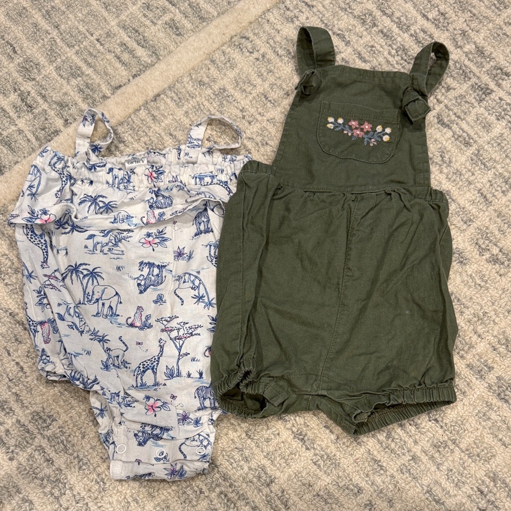 Floral Embroidered Green Romper and Printed Safari White Onesie Set - Linen
